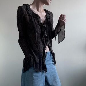 Vintage Y2K Black Semi-sheer Ruffle Button Up